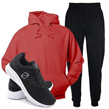 Imagem de Conjunto Blusa e Calça Moletom + Tenis Academia Casual Conforto - Vermelho/PretoBranco - M/39