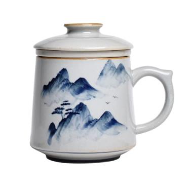 Imagem de PAYNAN 450 ml xícara de chá de porcelana branca azul com filtro pintado à mão conjunto de chá criativo