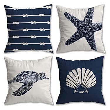 Imagem de Kit 4 Capas de Almofada Náutica Suede Ziper Invisível (Azul Nós + Estrela + Tartaruga + Concha - 45 x 45cm)