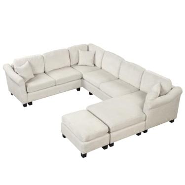 Imagem de Conjuntos de sofás seccionais 7 lugares sofá secional modular sofá secional com otomano com espreguiçadeira do lado direito conjunto de sofá de canto de tecido em forma de L na sala de estar (tecido branco -122 x 91,3 polegadas)