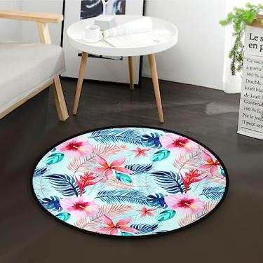 Imagem de Tapetes de área de toque macio 9,5 cm redondos florais tropicais rosa azul fácil limpeza não derramamento tapetes circulares tapete de área lavável tapetes para entrada 3' x 3'