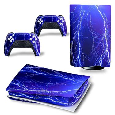 Imagem de DOMILINA Capa de decalque de vinil de corpo inteiro para console e controles PS5 Disk Edition - Blue Lightning
