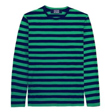 Imagem de LittleSpring Camisetas masculinas de algodão listradas com gola redonda e manga comprida, Azul marinho e verde, P