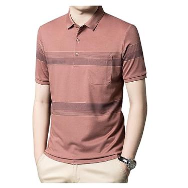 Imagem de Camisa polo masculina lisa listrada de seda gelada com botões de lapela camiseta umidade, Vermelho, XXG