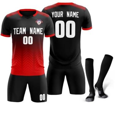 Imagem de Camiseta de futebol personalizada para homens e mulheres crianças camisetas e shorts de futebol personalizados com logotipo de número de nome, Preto e vermelho-14, Tamanho Único