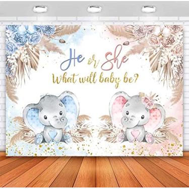 Imagem de Sensfun Boho Elefante Revelador de Gênero Pano de Fundo Ele ou Ela O Que Será Bebê Revelar Gênero Decorações de Festa Rosa Azul Pampas Grama Fotografia Fundo Menino ou Menina Bebê Chuveiro Photoshoot Adereços 2 x 1,5 m