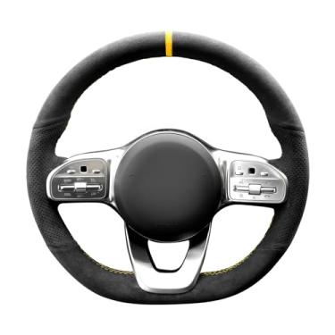 Imagem de Alfanxi Capa para volante de carro Alcantara de costura à mão para Mercedes-Benz AMG CLA 35/GLE 43 /G-Class G 550 (preto Alcantara com pontos + faixa amarela)