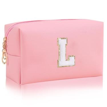 Imagem de JHhomezeit Bolsa de maquiagem personalizada com remendo com letras iniciais, bolsas de maquiagem preppy com zíper, bolsa de maquiagem bolsa de higiene como presente para mulheres, rosa, Bolsa de