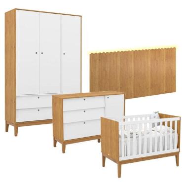 Imagem de Quarto de Bebê Unique 3 Portas com Cômoda Sapateira e Painel Farm com Led Freijó Branco Soft Eco Wood - Matic