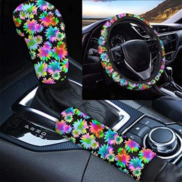 Imagem de GOSTONG Capa de volante colorida com estampa de margarida para protetor de direção, capa antiderrapante para alavanca de câmbio de marcha + capa de alavanca de freio de mão, protetor universal para interior do carro