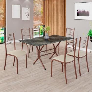 Imagem de Conjunto Sala de Jantar Mesa Retangular 140x75cm Tampo Pedra Ardósia Indiana 6 Cadeiras Paraty Creme/Marrom
