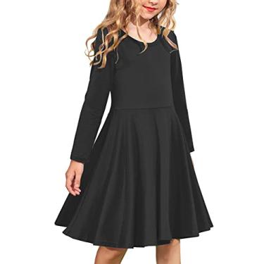 Imagem de Arshiner Vestido elástico de manga comprida para meninas evasê Twirly Skater casual vestido elástico, Preto, 14 Anos