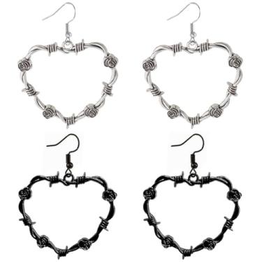 Imagem de Kawailay 2 pares de brincos góticos de coração com espinhos de rosas vintage de arame farpado punk rock, hip hop, crânio, brincos femininos - prata e preto