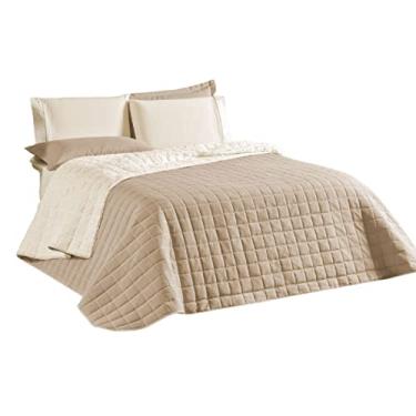 Imagem de Cobre Leito Colcha Cama Queen 3 Peças Dupla Face Algodão Percal 180 Fios Sherpa Cor:Caqui