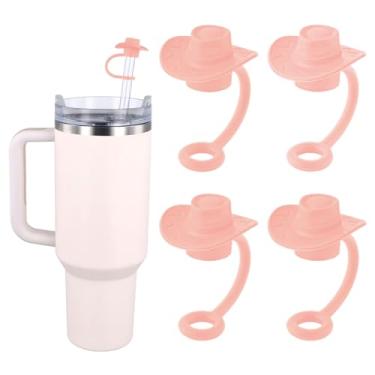 Imagem de 4 peças de capa de palha de chapéu de vaqueira, topos de palha de silicone de cowboy para canudos de 8 a 10 mm, tampa reutilizável com ponta de palha, acessórios decorativos para copos Stanley (rosa)