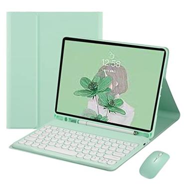 Imagem de HENGHUI Mouse com teclado para Galaxy Tab S9 FE 27.7 cm/Tab S9 27.9 cm / Tab S8 27.9 cm / Tab S7 27.9 cm capa com teclado com mouse bonito redondo teclado colorido removível sem fio BT capa para