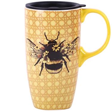 Imagem de DUSVALLY Caneca de cerâmica xícara de café grande canecas altas de viagem xícara de chá com latte de porcelana com tampa 500 ml, abelha