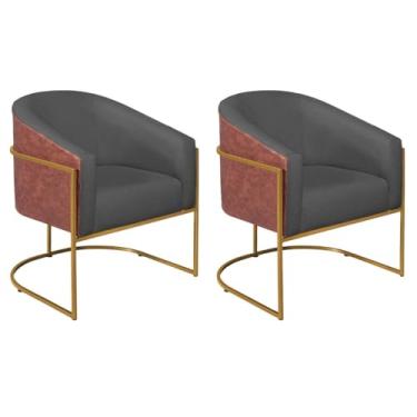 Imagem de Kit 02 Poltronas Luiza Base de Ferro Dourado Corano Nozes e Linho Cinza Escuro - AM Decor