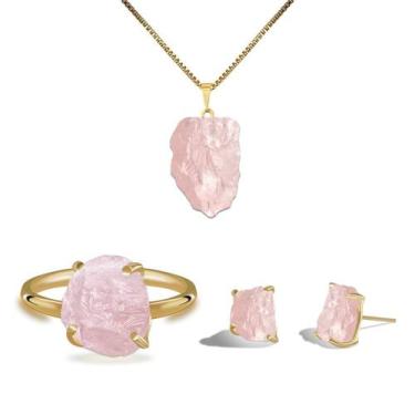 Imagem de Conjunto Natura Quartzo Rosa - Cristal Natural, Banho Ouro 18k