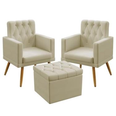 Imagem de 2 Poltronas Vega Estofada com Rodapé e Capitonê com Puff Quasar Sued B