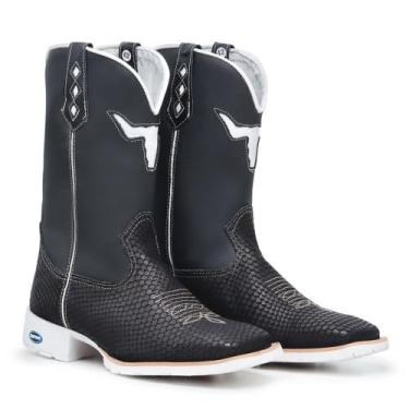 Imagem de Bota Texana Masculina Sola Branca Bico Quadrado em Couro Bordada Snake