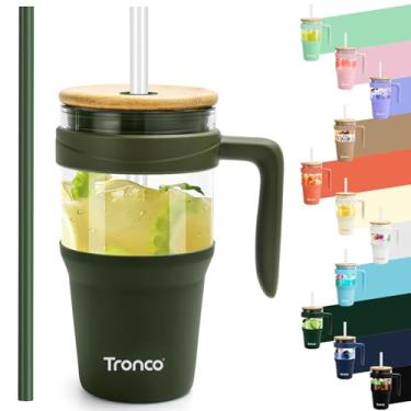 Imagem de Copo de vidro Tronco 950 ml, com alça, canudo e tampa de bambu, garrafas de água, cabe no porta-copos, copo para café gelado e smoothie, sem BPA, próprio para lava-louças (verde-oliva)