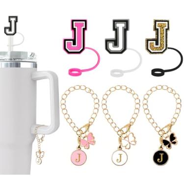 Imagem de (3 +3) Capa de canudo Nuozme compatível com copo Stanley Tumbler 3 peças de tampas de palha com 3 pingentes de borboleta inicial Nome ID para Stanley Copo de 30 e 1,134 g (capa de canudo de 3 letras,