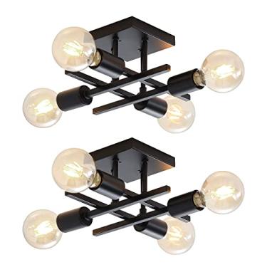 Imagem de Pacote com 2 luminárias industriais de teto com 4 luzes semiembutidas, iluminação moderna de lustre preto, luminária de teto Sputnik para casa de fazenda, luzes pendentes de base E26 para quarto, sala