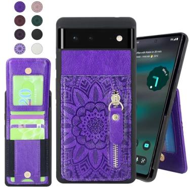 Imagem de Harryshell Capa carteira compatível com Google Pixel 6A 5G com compartimentos para cartões [comporta até 6 cartões] Função de suporte, bolso com zíper para capa protetora de dinheiro e moeda (roxo