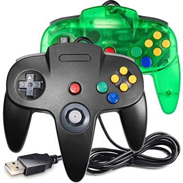Imagem de Controle N64 clássico, pacote com 2 controles N64 com fio USB para PC, joystick, N64 Bit USB com fio Game Stick Joy Pad Controller para Windows PC Mac Linux Raspberry Pi 3 Sega Genesis (verde transparente/preto)
