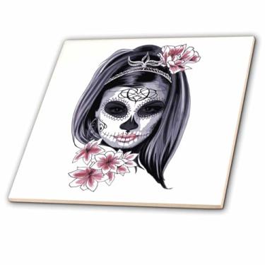 Imagem de 3dRose Crânio feminino com flores rosa no cabelo preto e branco gótico dia dos mortos 6" azulejos decorativos, transparente