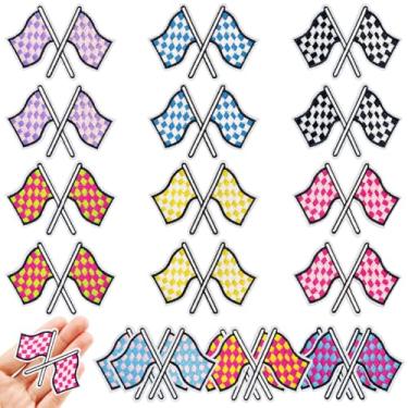 Imagem de Jongdari 18 peças de adesivos quadriculados de bandeira de corrida para chapéus, remendos bordados multicoloridos dia de corrida costurados em pentagrama para roupas, jaqueta de caminhoneiro, jeans,