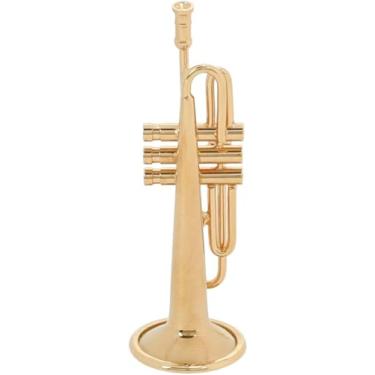 Imagem de The Bridge Collection Miniatura de trompete de latão dourado de 6,3 cm - estatueta de mini trompete - decoração de instrumento musical - réplica de trompete de latão dourado - presente para músicos de
