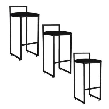 Imagem de Kit 03 Banqueta Alta Industrial 0,78 cm Metal Preto Suede Preto - Vall