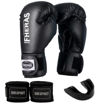 Imagem de Kit Luva de Boxe Muay Thai Fheras + Bandagem 2,5m + Bucal, Preto, 12oz