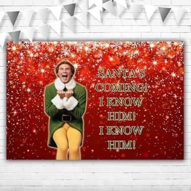 Imagem de Pano de fundo vermelho de Natal para festa, imagem de 1,5 x 0,9 m Santas Coming I Know Him Banner de fundo para decoração de porta de garagem, cenário de feliz Natal, tema de elfo para suprimentos de