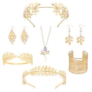Imagem de YKYUASD 9 peças de acessórios de deusa grega para mulheres, coroa de folha de louro romano dourado, faixa de cabeça, braço, pulseira, brincos de pérola, colar, cinto de cintura Toga, bijuteria de