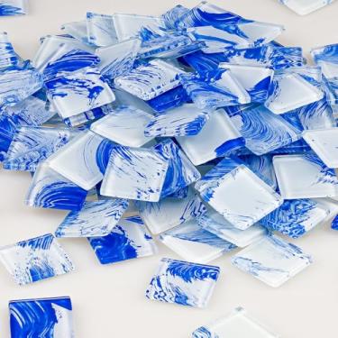 Imagem de Quancru 121 peças de mosaico de vidro a granel de 2,5 cm de cristal para decoração de fundo de piso de chuveiro de piscina (série azul e branco)