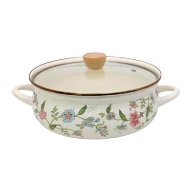 Imagem de Ｂｅｓｇａ Esmalte Stockpot com tampa Retro, Esmalte Simmer Pot Punho duplo Vintage, pote de sopa de macarrão para cozinhar alimentos Sopa Noodles, Flores