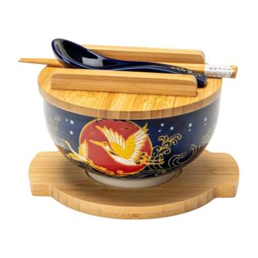 Imagem de Hinomaru Collection Tigela de macarrão de arroz estilo Kamameshi japonês, com tampa de bambu, pauzinhos e colher de porcelana (guindaste lunar)