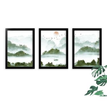 Imagem de Kit 3 Quadros Decorativos Com Molduras Paisagem Verde