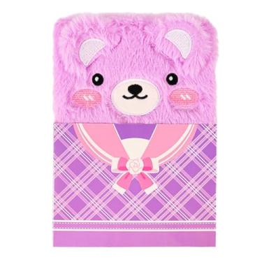 Imagem de Joucien A5 - Caderno de pelúcia de desenho animado com cadeado, organizador de artigos de papelaria para estudantes - urso de pelúcia roxo