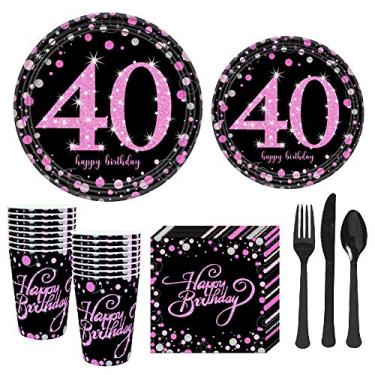 Imagem de Conjunto de suprimentos para festa de 40 anos serve para 16 convidados (112 peças) para mulheres - Kit de louça descartável incluindo pratos de papel de 17,78 cm, pratos de 22,86 cm, copos, guardanapos, garfos, facas, colheres