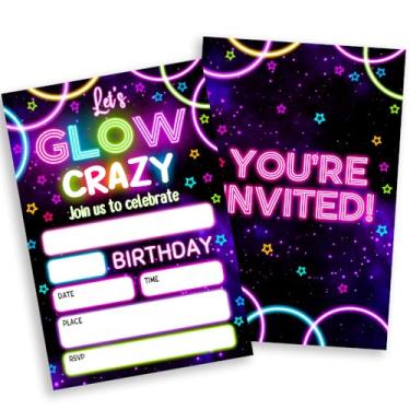 Imagem de Sahjzk Convites de festa Glow, 20 Convites de aniversário de festa louca com tema neon de preenchimento dupla face com envelopes para meninos e meninas, cartões de convite de festa (10 × 15 cm) - B06
