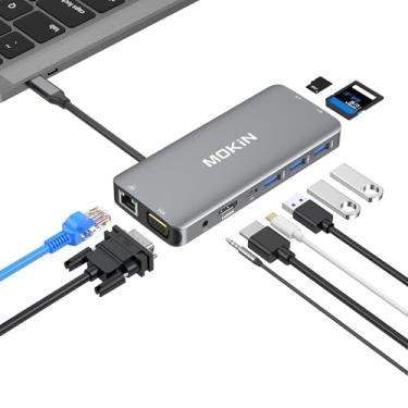 Imagem de Adaptador multiportas USB C Hub 10 em 1 portátil com HDMI 4K, VGA, Ethernet, 3 portas USB, áudio, carregador PD, leitor de cartão SD/Micro SD compatível com MacBook Pro, XPS e outros dispositivos tipo