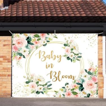 Imagem de Baby in Bloom Capa de porta de garagem para chá de bebê decoração de banner 2,1 x 2,4 m rosa boho floral laço dourado pano de fundo para porta de garagem para chá de bebê, mesa de bolo, decoração