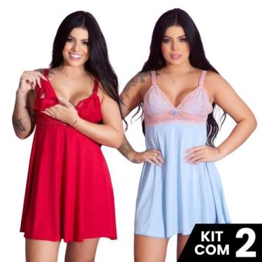 Imagem de Kit 2 Camisolas de Amamentação Renda Fecho Prático Pós Parto Gestante 