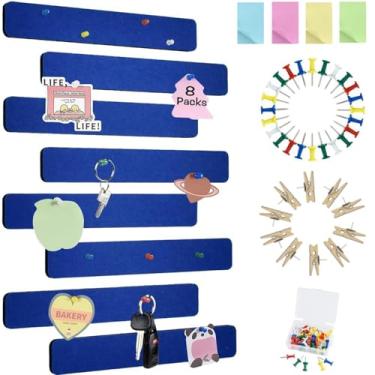 Imagem de Vuzvuv 8 tiras de barra de quadro de avisos com 50 pinos e 10 pinos de clipe de madeira, placa de cortiça autoadesiva para parede, placa de feltro para escola, decoração de escritório (azul escuro)