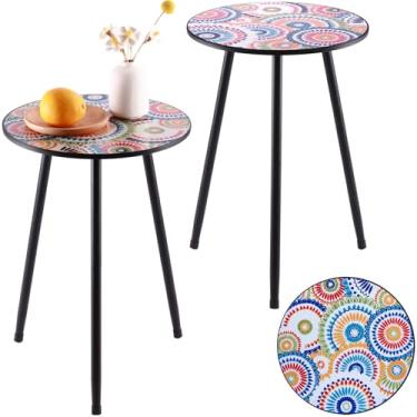 Imagem de Party Zealot Conjunto de mesa lateral redonda de mosaico de metal com duas mesas de centro pequenas de 34 cm para pátio externo com destaque redondo, suporte de canto interno para pequenos espaços,