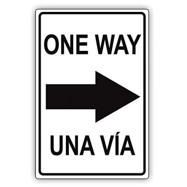Imagem de Sinal de aviso ONE Way Seta Direita Indicador de Direção Direita Inglês Espanhol Sinal de Aviso em Dois Idiomas Sinal de Negócios 30 x 20 cm Alumínio Metal Tin Sign